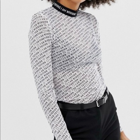 Monki Tops - Monki high neck mesh top with text